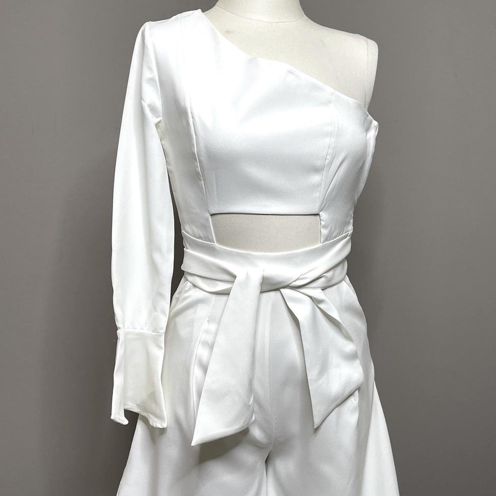 White One Sleeve Wide Leg Jumpsuit with front/back cutout